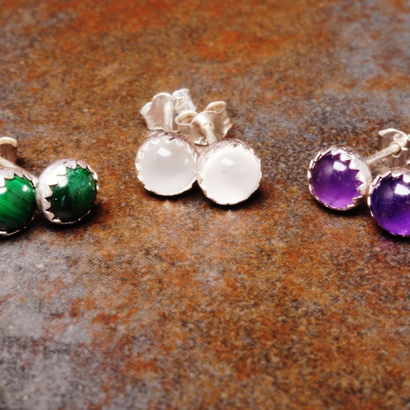 Handmade sterling silver bezel set healing crystal amethyst, malachite and moonstone studs